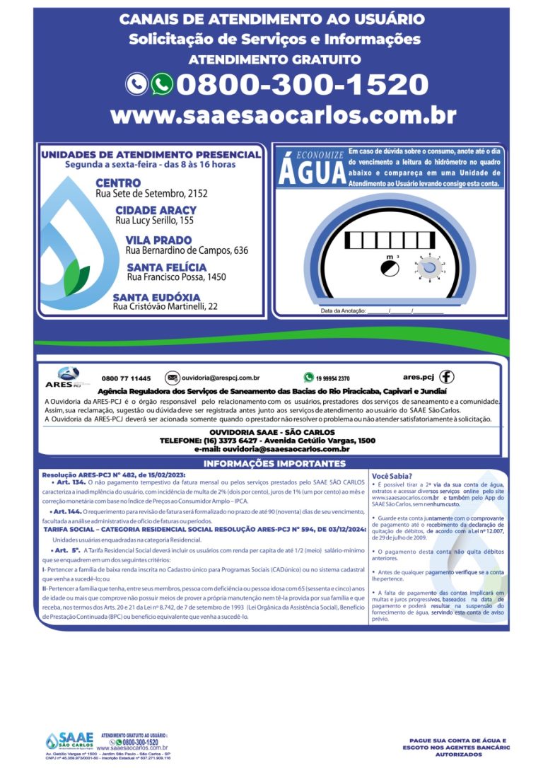 SAAE TERÁ ALTERAÇÃO NO FORMATO DAS CONTAS DE ÁGUA E ESGOTO PARA ATENDER LEI TRIBUTÁRIA NACIONAL